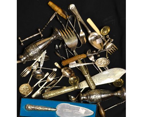 A silver hafted cake knife; silver plated cutlery, Mappin and Webb, sifter spoons, silver pickle fork, etc.