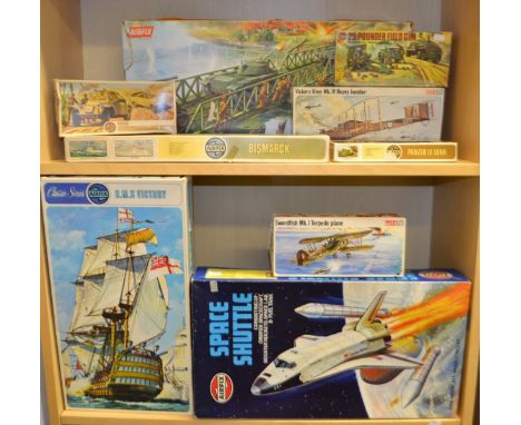 Airfix Kits, all unbuilt, Bismark 600th scale, HMS Victory, Space Shuttle, Vickers Vimy MkIV, heavy Bomber, Swordfish, German