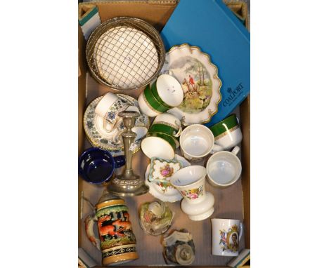 A Royal Crown Derby hunting scene plate; a pair of Caliph pattern coffee cans, saucers and tea plates; Antigua pattern teacup