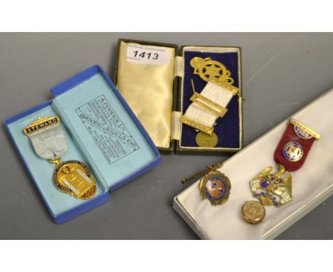 Masonic Medals - an enamelled silver stewards eagle, 1928; another; a gold capped button; voting tokens, etc