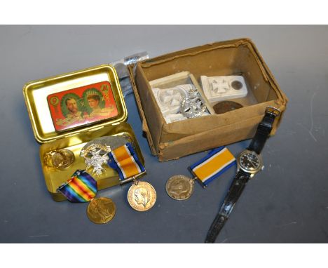 WWI medals (3);Princess Mary Christmas tin; a Smiths Army issue gentleman's wristwatch; three plaster of Paris Somme battlefi