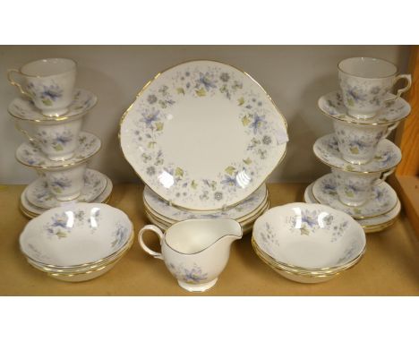 A Colclough Rhapsody in Blue pattern six setting tea service, inc cake plate, printed marks
