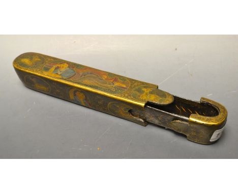 A 19th century Anglo-Indian papier mache pen/quill caddy, decorated with reclining court beauties and gazelles, 23.2cm long