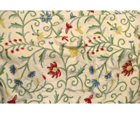 Textiles - A pair of hand embroidered crewel work curtains, floral design on cream ground 127cm x 215cm