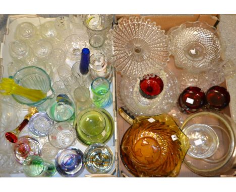 Glassware - A Caithness vase, an amber oil lamp shade , pressed glass cake stands , lemonade jug , etched drinking glasses, o