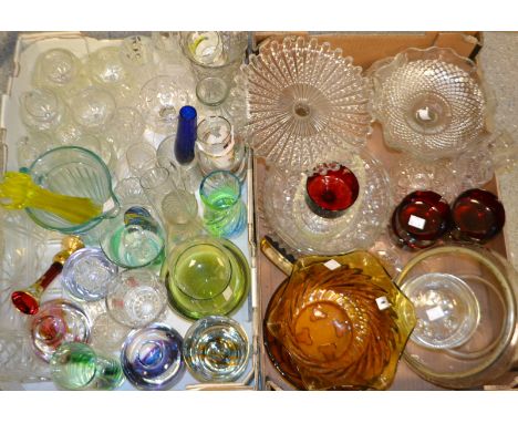 Glassware - A Caithness vase, an amber oil lamp shade , pressed glass cake stands , lemonade jug , etched drinking glasses, o