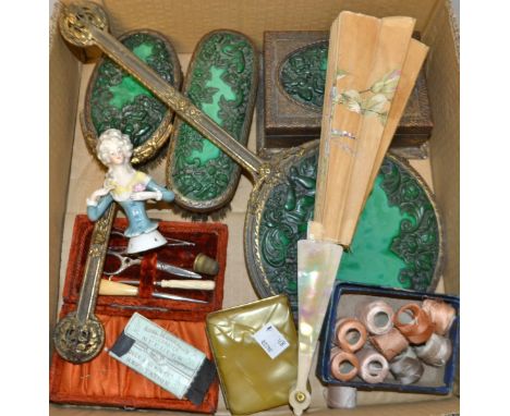 Lady's accessories  - a four pieces malachite effect dressing table set, comp hand mirror, clothes brush, hair brush, and jew