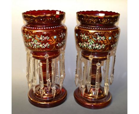 A pair of Victorian ruby glass lustres, c.1870