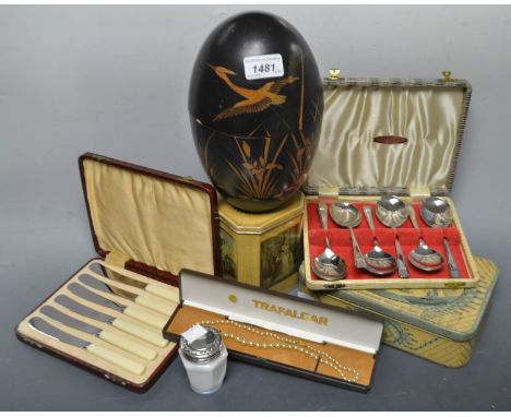 Boxes & Objects - a Japanese lacquered egg shape tea caddy, decorated with gilt crane and rushes;  a Victorian miniature silv