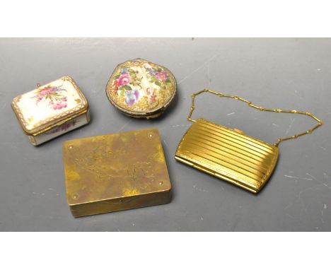 A gilt metal evening purse; a brass Arts and Crafts stamp case; a Dresden scallop shaped trinket pot; another, similar (4)