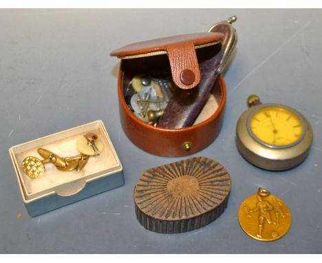 A silver pocket watch, Fattorini and Sons, Bradford, Birmingham 1884; a Victorian oval papier mache pocket snuff; a bronze fo