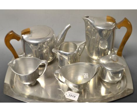 A Piquot Ware chrome tea service on tray (7)