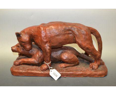 P J Greaves  (20th century)
She Lions Playing, Sculpture, signed, 