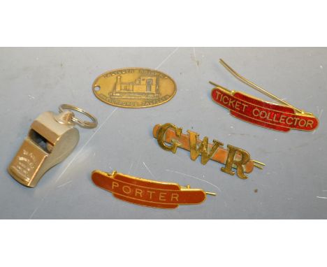 Railwayania - A porter's cap badge  ; another, ticket collector; others. GWR; whistle ; etc.