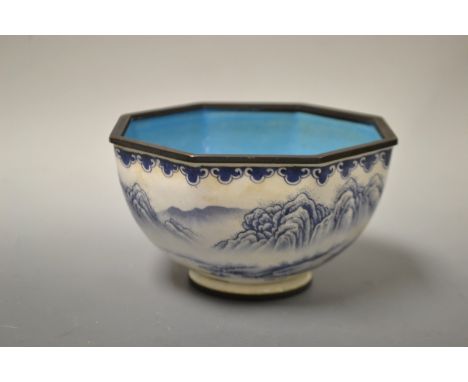 A Canton enamel blue octagonal  bowl, decorated with continuous landscape, 10.5cm wide, seal mark, modern 