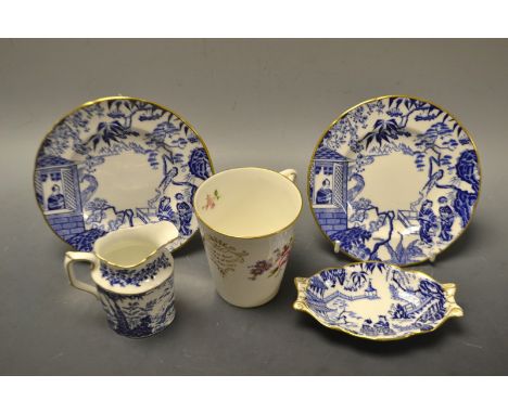 A Royal Crown Derby - A  Prince William commemorative Posies beaker ; a pair of  Mikado side plates , trinket tray and a crea