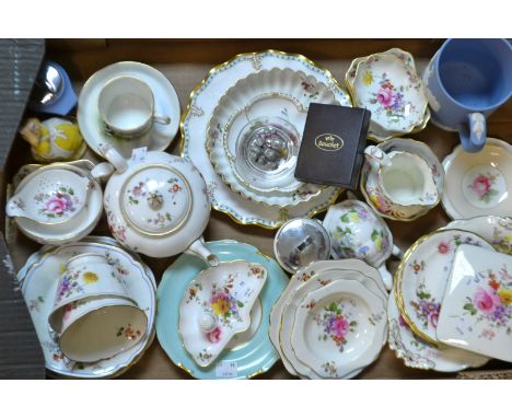 A Royal Crown Derby Posie pattern bachelor's teapot, milk and sugar, pair of blue line teacups,saucers and tea plates; Posie 