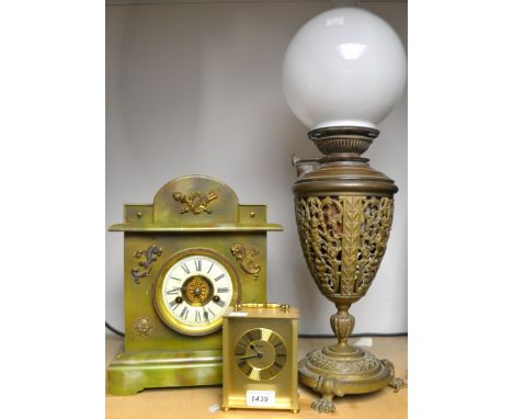 A Lampe Belge oil lamp; a onyx effect mantle clock; a carriage clock (3)