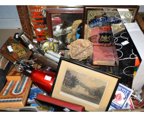 Boxes and Objects - An AA badge; tartanware playing card box; playing cards, qty; coins; soda syphon; advertising mirrors; bi