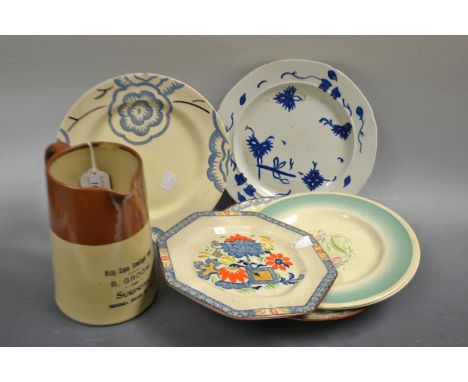 Ceramics - A Clarice Cliff Bizarre plate, painted with blue flower;  a pair of Susie Cooper plates, Masons Ironstone, a R Gro