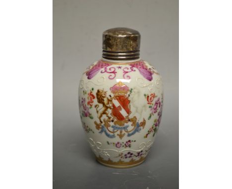 A Chinese tea caddy, bearing Armorial, silver top