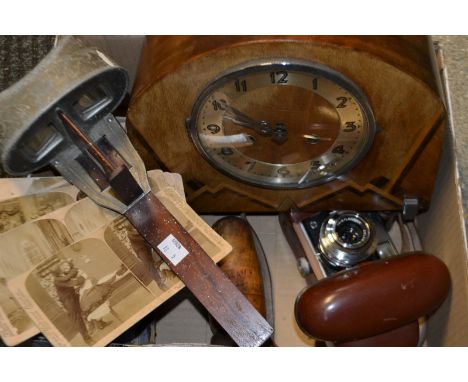 A Voightlander Vito C 35 mm camera, cased; a walnut veneer eight day mantel clock; a stereoscope with cards, including some s