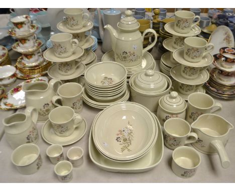 A Royal Doulton dinner and tea service, Bredon Hill pattern, serving dishes, coffee pot, sauce boat, quantity