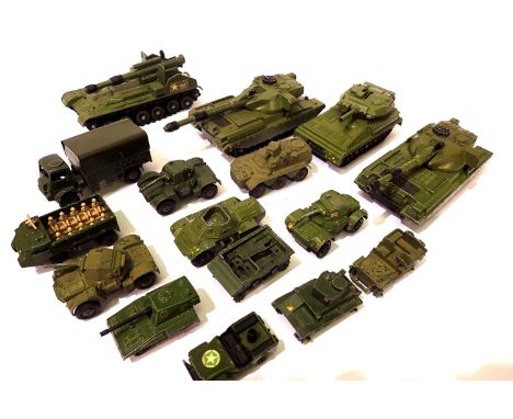 Dinky toys military vehicles x13; Chieftain x2 Alvis, 155 gun, personnel carrier, armoured car etc. and three Matchbox. P&amp