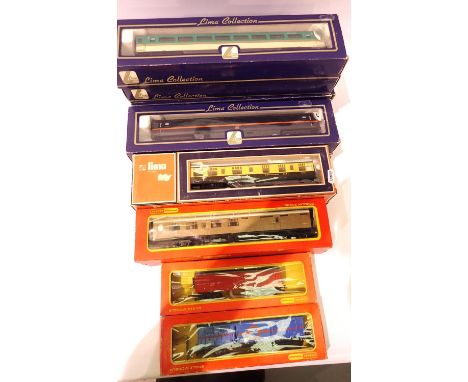 Ten OO coaches comprising; Lima GNER x2, Midland Mainline x4, Lima GWR x2, Hornby LNER x2 and a track cleaning wagon and Tran