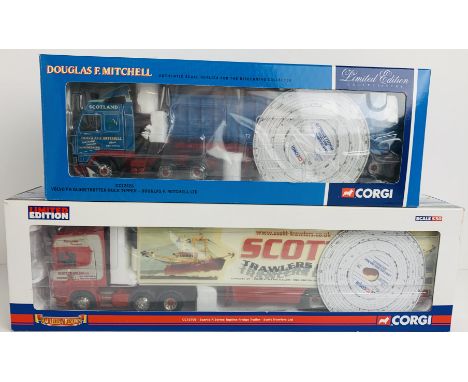 2x Corgi 1:50 Scale CC 13705 Scania Scott Trawlers &amp; CC12426 Volvo FH Mitchell - Boxed, P&amp;P Group 2 (£18+VAT for the 