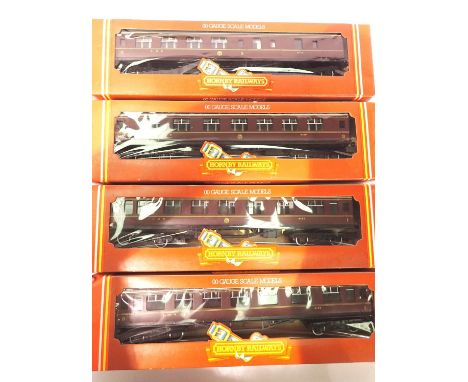 Four Hornby LMS maroon coaches, 3x R 474 composite and a R 475 brake 3rd. P&amp;P Group 2 (£18+VAT for the first lot and £3+V