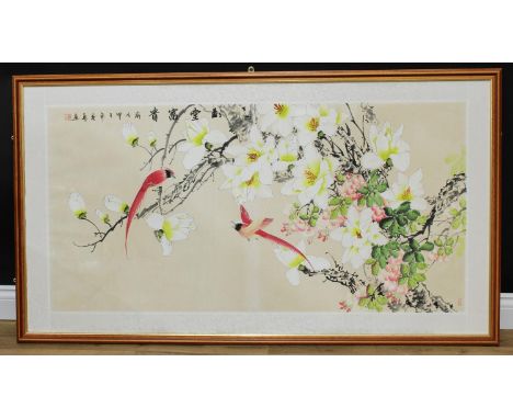 Chinese School (20th century) Still Life, Flowers, Blossom and Exotic Birds signed and inscribed with verse, red seal mark, w