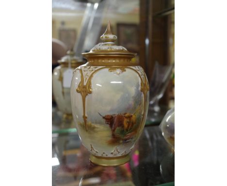 A Royal Worcester ovoid vase and cover,&nbsp;painted with Highland cattle by H Stinton, signed, with pierced cover, Shape No.