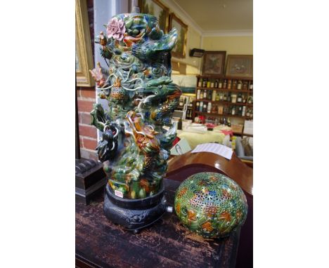 A large Chinese sancai glazed table lamp and shade,&nbsp;decorated in relief with dragons, approx 80cm high.&nbsp; 