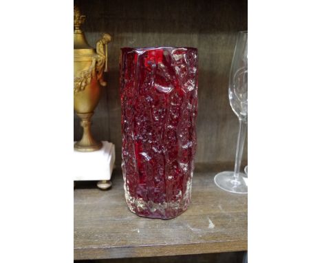 A Whitefriars ruby red 'Bark' pattern glass vase,&nbsp;23cm high. 