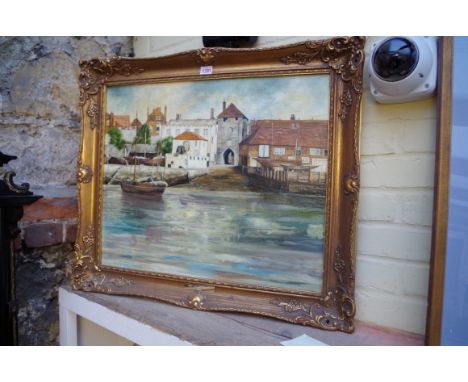 English School,&nbsp;'West Gate, Southampton, 1890', oil on board, 50 x 60cm. 