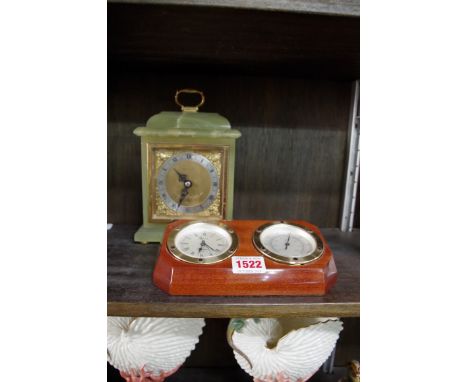 A green onyx timepiece,&nbsp;20.5cm high; together with a combined timepiece and barometer.&nbsp; 
