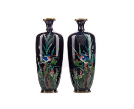OPPOSING PAIR OF JAPANESE CLOISONNE ENAMEL VASES,Meiji Period (1868-1912), both decorated with kingfisher perched amongst flo