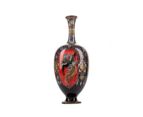 JAPANESE CLOISONNE ENAMEL VASE,decorated with alternating panels of dragon and pheonix against coloured grounds, the waisted 