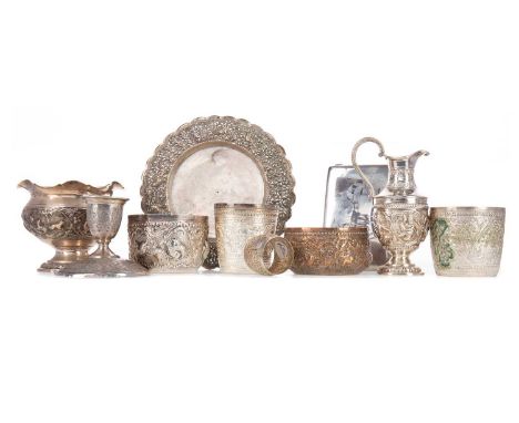 LOT OF MIDDLE AND SOUTHEAST ASIAN METALWARE,including an Egyptian/Iraqi white metal and niello enamel cigarette case, 12.5cm 