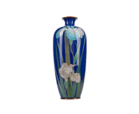 JAPANESE CLOISONNE ENAMEL VASE,Meiji Period (1868-1912), decorated with irises on a blue ground, stylised mark to base, 25.5c