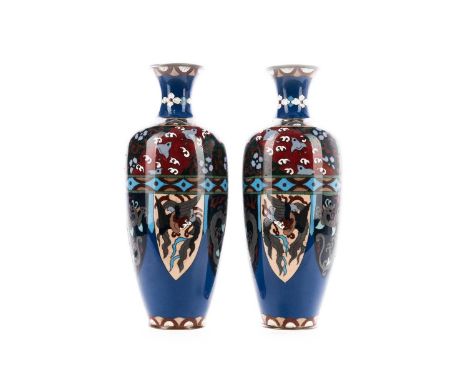 PAIR OF JAPANESE CLOISONNE ENAMEL VASES,late 19th/early 20th century, decorated alternating panels of dragon and phoenix bene