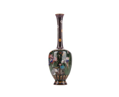 JAPANESE CLOISONNE ENAMEL VASE,Meiji Period (1868-1912), decorated with cranes and butterflies amongst lotus and iris blooms 