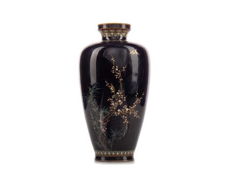 JAPANESE CLOISONNE ENAMEL VASE,Meiji Period (1868-1912), decorated with a pair of sparrows amongst blossoming prunus and bamb
