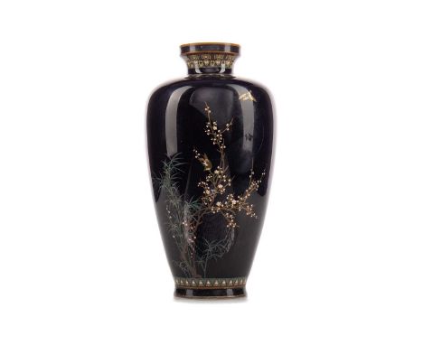 JAPANESE CLOISONNE ENAMEL VASE,Meiji Period (1868-1912), decorated with a pair of sparrows amongst blossoming prunus and bamb