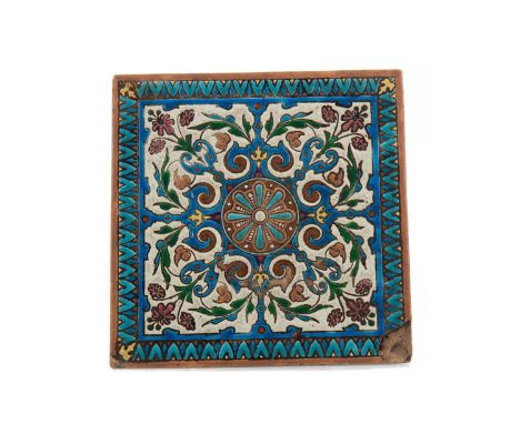 EARLY 20TH CENTURY ISLAMIC TILE, of square form, painted with symmetric designs of flowers and scrolls with a central floral 