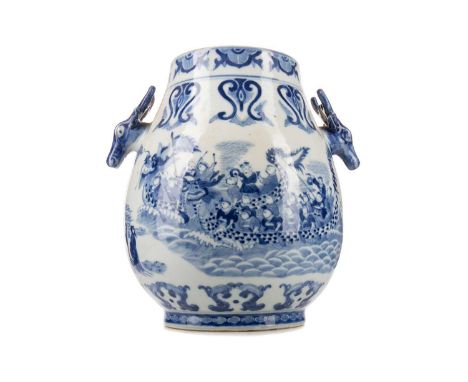 LARGE CHINESE BLUE AND WHITE OVOID VASE,with twin applied deer head handles, painted with Dragon Boat Festival scene (Duan Wu