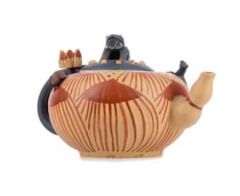 20TH CENTURY CHINESE YIXING POTTERY TEAPOT,modelled as a lotus pond and flowers with applied moulded frog and cricket, impres