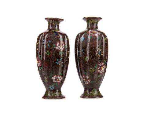 PAIR OF JAPANESE CLOISONNE ENAMEL VASES,Meiji Period (1868-1912), of lobed baluster form, decorated with butterflies amongst 