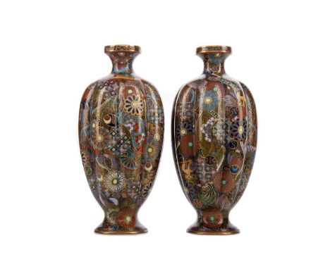 A PAIR OF JAPANESE CLOISONNE ENAMEL VASES,Meiji Period (1868-1912), of lobed form, profusely decorated in the manner of Namik